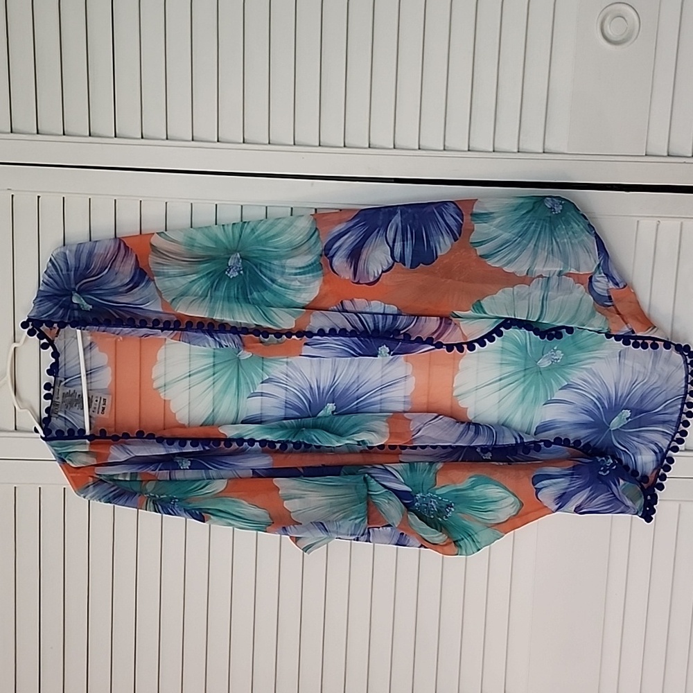 Beach cover up in blue orange and green. One size